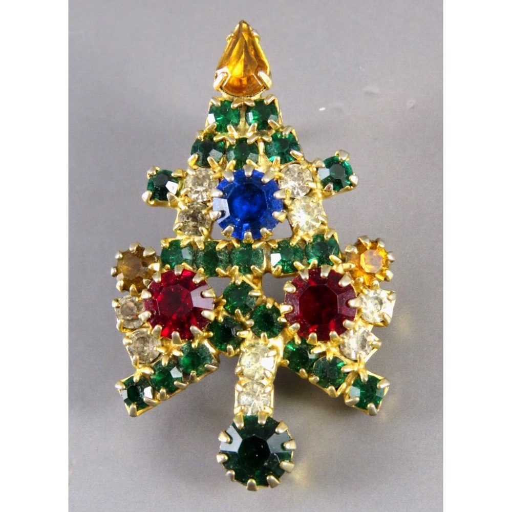 Vintage GOLD TONE Christmas Tree Brooch Pin PRONG SET RHINESTONES Cluster LIGHTS